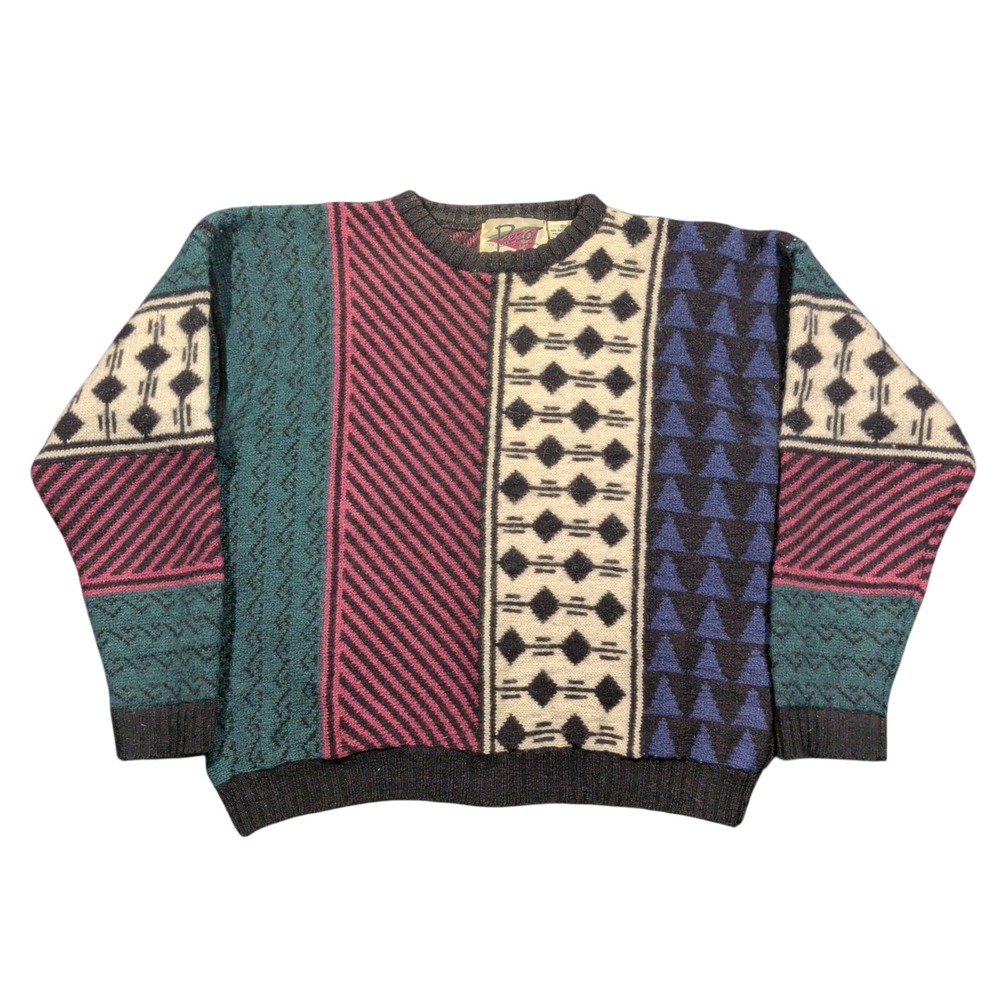 Vintage PAZZO 100% Shetland Wool Geometric Sweater Mens M Colorblock 90s Made HK